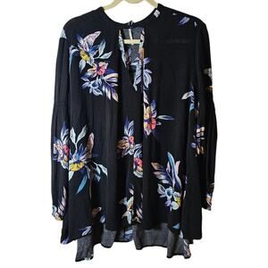 Free People Top Womens XS Black Floral Swing Tunic Dress Long Sleeve Boho Chic